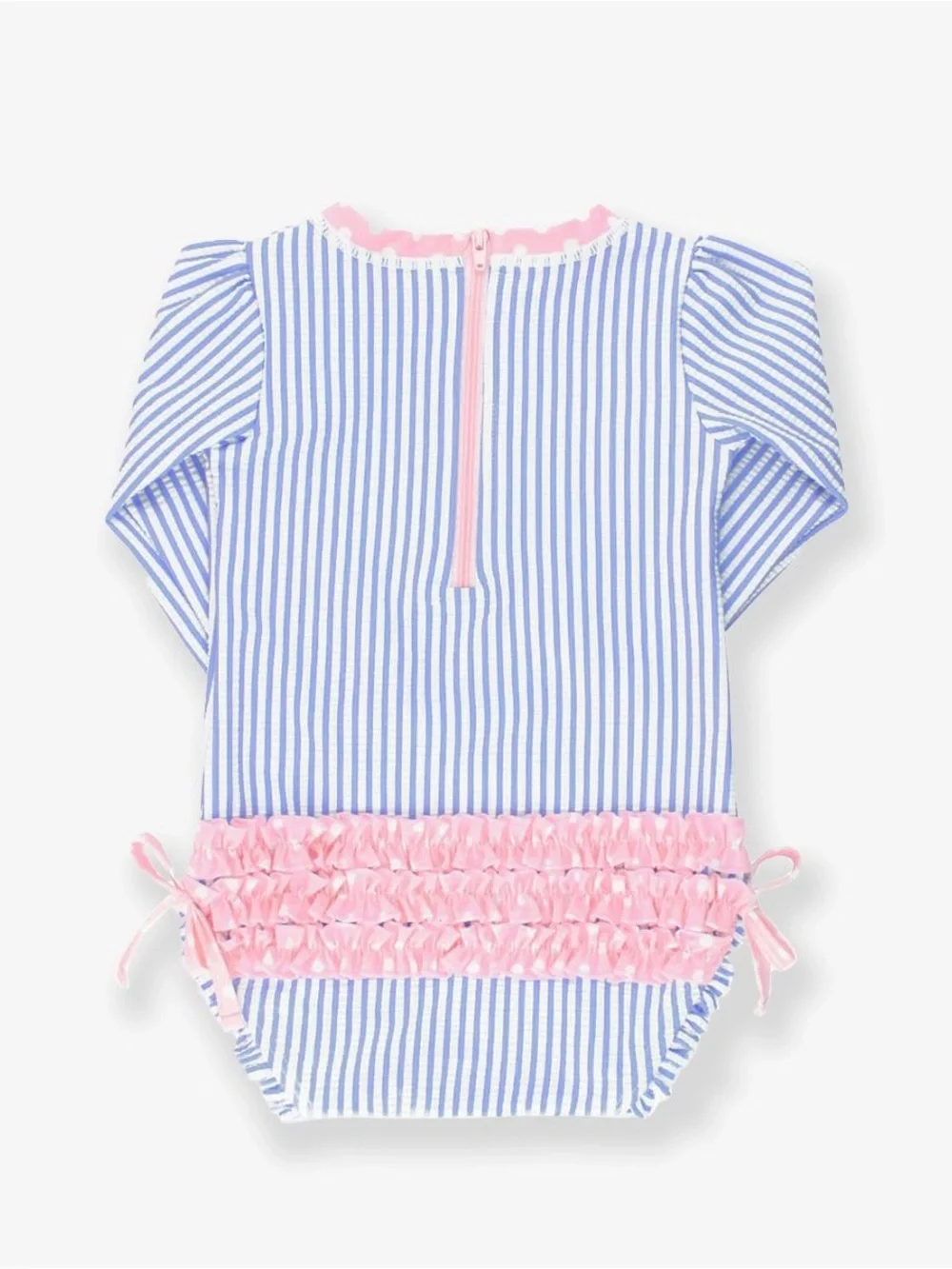 Ruffle Butts Girls Blue & White Striped One-Piece Rash Guard Swimsuit Pink Trim